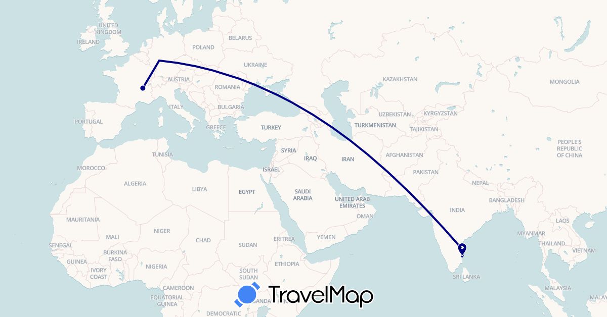 TravelMap itinerary: driving in Germany, France, India (Asia, Europe)